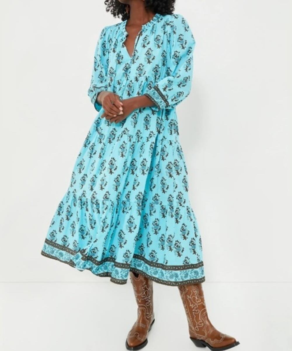 Tuckernuck Dress Tiered Tropical Turquoise Bouquet Salty Paloma Caftan Size XS